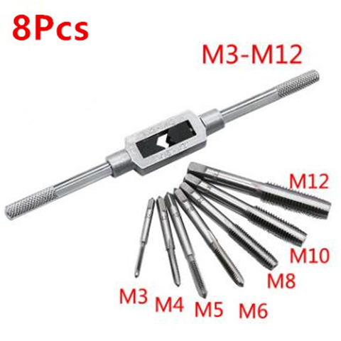 M3-M12 clé à main à cliquet réglable avec 7 pièces en acier à grande vitesse M3/M4/M5/M6/M8/M10/M12 filetage jeu de tarauds ► Photo 1/6