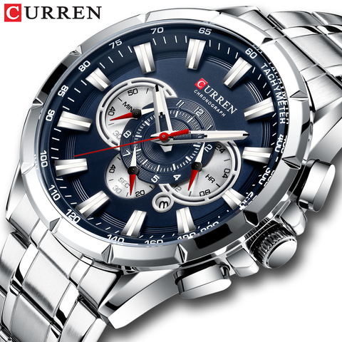 CURREN nouveau Sport casual chronographe hommes montres en acier inoxydable bracelet montre-bracelet grand cadran Quartz horloge avec des pointeurs lumineux ► Photo 1/6