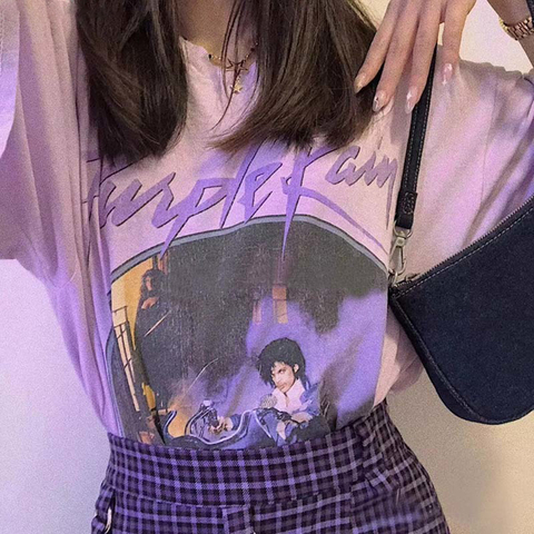 Vintage graphique t-shirt femme 2022 nouveau à manches courtes col rond violet Chic imprimé hauts été coton ample décontracté t-shirt femmes haut ► Photo 1/6