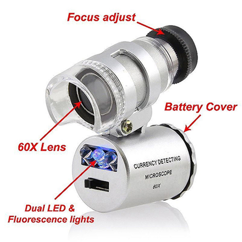 Microscope de poche détecteur de monnaie UV, Mini Loupe de bijoutier, Loupe à main 60X avec lumière LED ► Photo 1/6