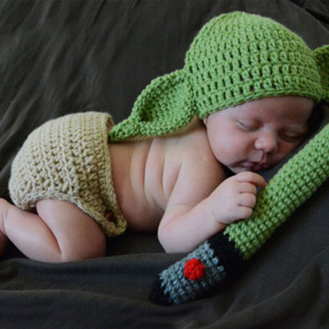 Cadeau de douche fait à la main doux Crochet tricot photographie accessoire Yoda chapeau bébé ensemble de costumes mignon vêtements couche-culotte tenues dessin animé ► Photo 1/1