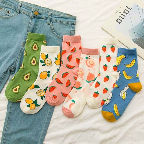 Chaussettes amusantes de dessin animé pour femmes, chaussettes décontractées en coton Harajuku, collection printemps-automne, avocat, citron, pastèque, pêche, fraise, banane ► Photo 1/6