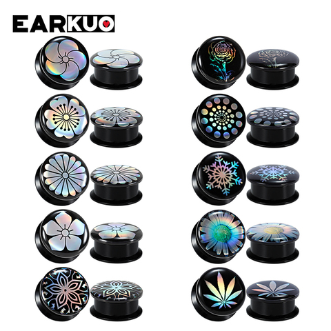 EARKUO fantaisie Design acrylique réfléchissant fleur motif bouchons d'oreille extenseurs corps Piercing bijoux boucle d'oreille Tunnels civières 2 pièces ► Photo 1/6