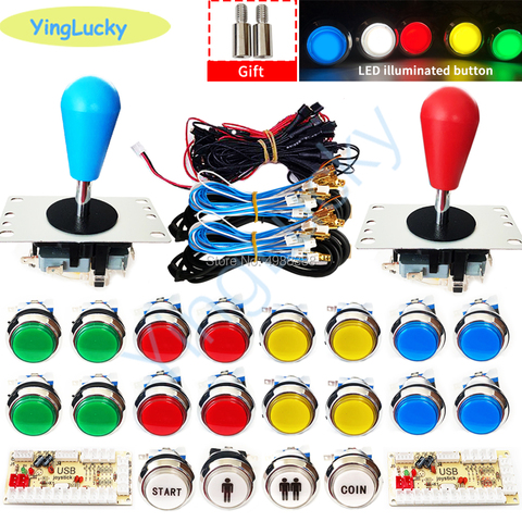 Nouveau bricolage joysticks kit d'arcade 2 joueurs encodeur USB avec manette SANWA LED bouton plaqué argent pour pc à framboise Pi MAME ► Photo 1/6