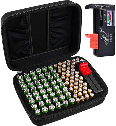 Boîte de rangement de batterie, étui de rangement pour 48 x AA, 48 x AAA Total 96 Batteries avec testeur de batterie, 2 poches supplémentaires (étui uniquement ► Photo 1/6