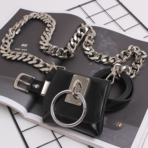 Mini-sac banane en cuir Pu noir, Design de marque, large chaîne, ceinture avec pièce de monnaie, Punk Street Ring, sac de poitrine, 2022 ► Photo 1/5