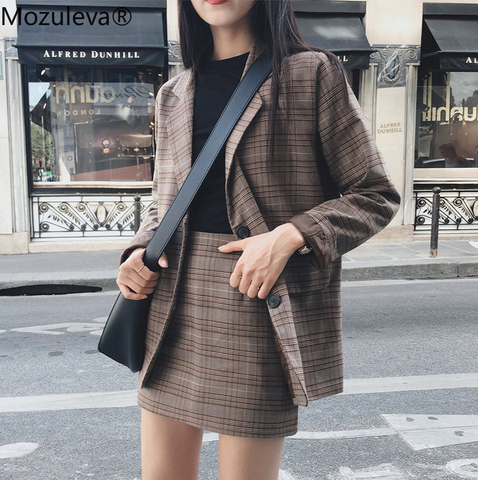 Mozuleva 2022 rétro Plaid Blazer ensemble simple boutonnage veste & jupe crayon 2 pièces jupe costume femme bureau dames Blazer costume ► Photo 1/6