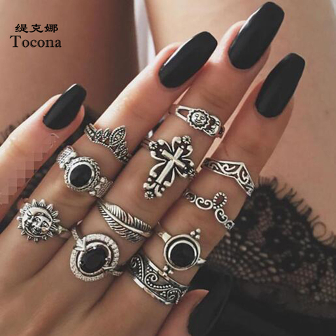 Tocona 11 pièces Vintage croix argent couleur anneaux pour femmes noir pierre lune soleil Knuckle joints ensembles coeur feuille bijoux 14420 ► Photo 1/6