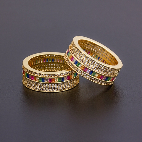 Bague en cuivre cubique de luxe pour femmes, anneau géométrique de style Boho arc-en-ciel, couleur or, cristal, bijoux fins de fête de mariage, nouvelle collection ► Photo 1/6