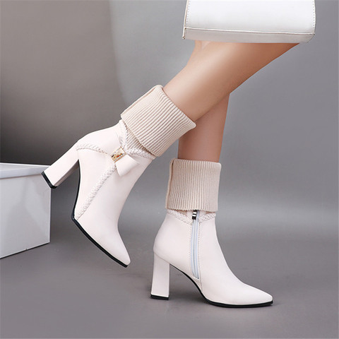 Hiver la nouvelle mode pointu tricot force élastique laine bottes blanc Bow Plus velours garder au chaud talon haut femmes bottes 34-43 ► Photo 1/6