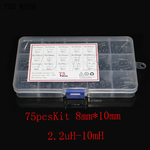 Kit d'inducteurs de puissance à Inductance, 75 pièces/boîte 8x10mm, 4, 7, 10, 22, 33, 47, 68, 100, 220, 330, 470,, 1mh, 10mh ► Photo 1/5