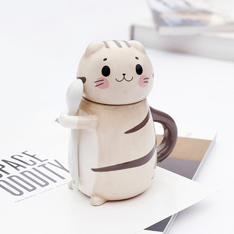 Nouveau mignon chat céramique tasse à café avec cuillère créative peint à la main Drinkware lait thé tasses cadeaux de nouveauté ► Photo 1/6