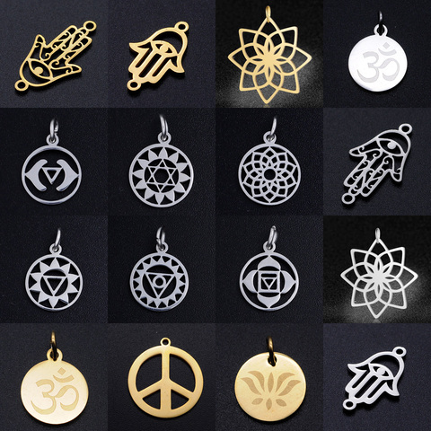 Breloque pendentif en acier inoxydable, 7 chakras, diamant, hamsa, bijoux religieux de Yoga, main, bricolage, vente en gros 5 pièces/lot ► Photo 1/6