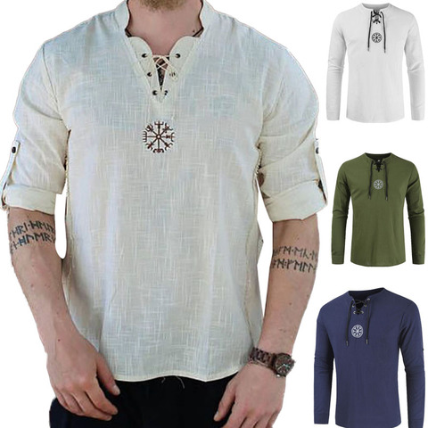 T-shirt Viking en lin pour hommes, haut et chemise style Pirate médiéval, style nordique rétro, avec ceinture, à lacets, pour adultes ► Photo 1/6