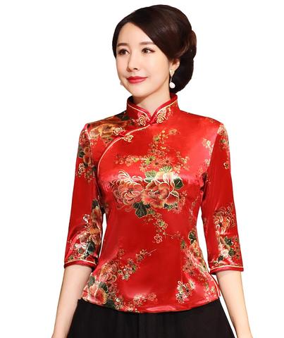 Chemise chinoise traditionnelle pour femmes, Shanghai Story, haut cheongsam à manches 3/4, en velours ► Photo 1/6
