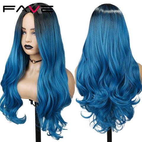 FAVE – perruque synthétique ondulée noire bleue pour femmes, résistante à la chaleur, cheveux longs de Cosplay ombré rose rouge vert rouge violet bordeaux blond ► Photo 1/6