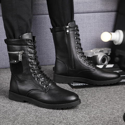 Bottes militaires pour hommes, chaîne militaire, boucles en métal, bottes Punk, moto à lacets, Rock, chaussures pour hommes ► Photo 1/5