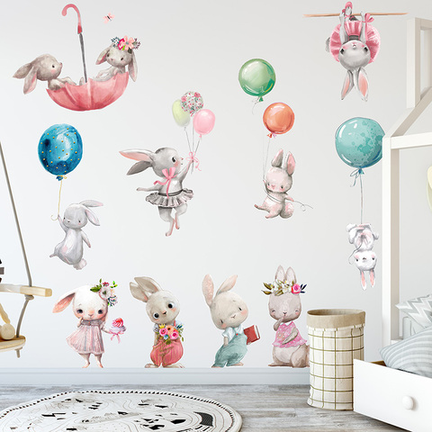 Aquarelle dessin animé lapin Stickers muraux bébé pépinière Stickers muraux pour enfants chambre salon chambre décor à la maison lapin autocollants PVC ► Photo 1/6