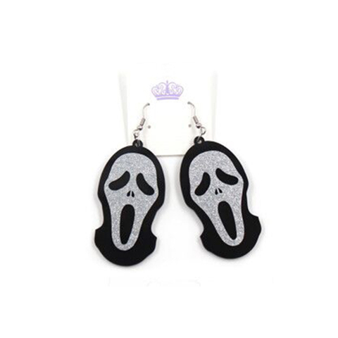 (1 paire) HP005-Ghost crâne balancent boucles d'oreilles Halloween boucle d'oreille noir argent paillettes acrylique boucles d'oreilles ► Photo 1/5