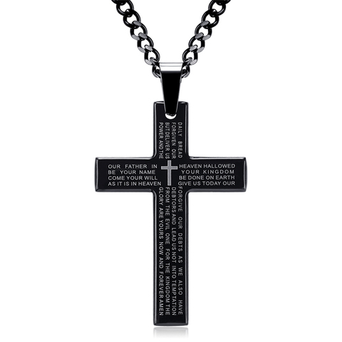 Collier croix de l'écriture chrétienne simple, rétro, ras du cou, en acier inoxydable, avec la prière noire, pendentifs croix pour hommes ► Photo 1/6