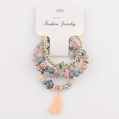 Bracelets style bohémien Vintage Pour Femmes, ensemble de 4 pièces/lot, breloques, perles en pierre, pendentif pompon ► Photo 1/6