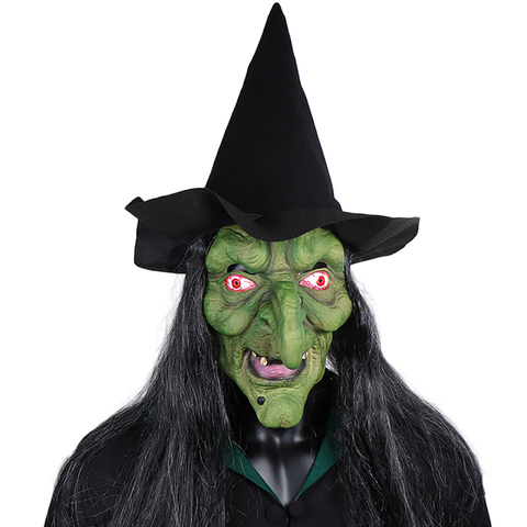 Halloween horreur vieille sorcière masque avec chapeau Cosplay effrayant Clown Hag Latex masques vert visage grand nez vieux femmes Costume accessoires de fête ► Photo 1/6