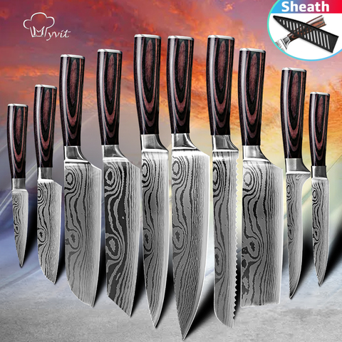 Ensemble de couteaux de cuisine couteau de Chef 7CR17 couteau Santoku en acier inoxydable à haute teneur en carbone couteau tranchant couteau à trancher motif damas ► Photo 1/6