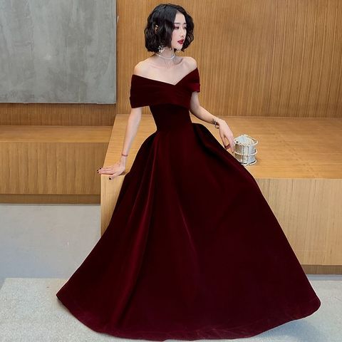 Rétro grande taille robes de soirée en velours Slash cou bordeaux noir élégant a-ligne longues robes 2022 manches courtes robes de noël rouge ► Photo 1/6