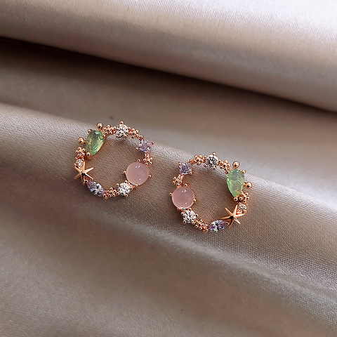 Boucles d'oreilles rondes en cristal rose vert pour femmes, bijou classique, fleur douce, cadeau à la mode, nouvelle collection 2022 ► Photo 1/6