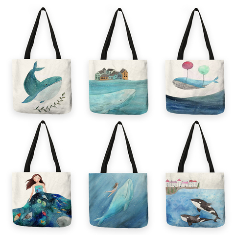 B13019 peinture fraîche mignon baleine mer série Shopper sac femmes sacs à main grande capacité fourre-tout concepteur ► Photo 1/6