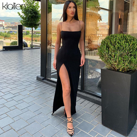 KLALIEN-robe moulante pour femmes, robe Sexy, longue au sol, à fente haute, bretelles Spaghetti, longueur au sol, soirée Club, collection 2022 ► Photo 1/6