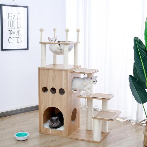 Maison arbre à chats pour animaux domestiques, tour à chats, en bois, postes anti-rayures, couvert de Sisal, avec boule de jeu, livraison rapide ► Photo 1/6