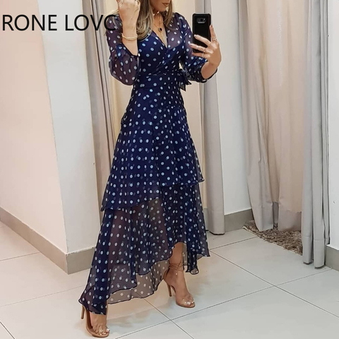 Femmes lanterne manches Polkadot imprimer couches volants robe Maxi élégant mode Chic robe ► Photo 1/4