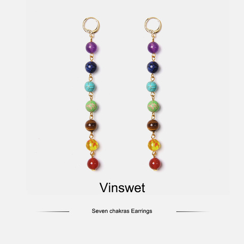 Boucles d'oreilles en pierre, 7 couleurs chakras, longues gouttes, bijoux BOHO, style bohémien, Dangle, Reiki, guérison, vacances, cadeau, livraison directe ► Photo 1/6