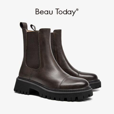 BeauToday bottines plate-forme femmes vache en cuir Chelsea bottes bout rond élastique bande épaisse semelle dames chaussures à la main 02379 ► Photo 1/6