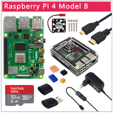 Raspberry Pi 4 modèle B 2/4/8 go de RAM, boîtier acrylique 9 couches, carte SD 32 go, interrupteur d'alimentation, ventilateur ► Photo 1/6