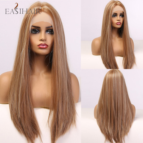 Perruque Lace Front wig brésilienne longue lisse à reflets blonds, perruque Lace wig synthétique brune résistante à la chaleur pour femmes noires ► Photo 1/6