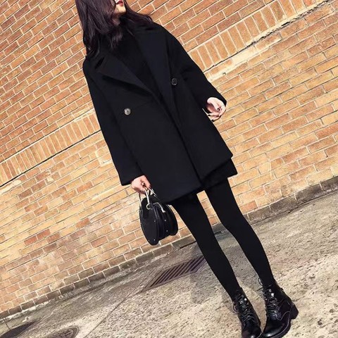 2022 automne hiver laine manteau court femmes noir Double boutonnage en vrac cachemire manteaux et vestes laine Femme mode ample ► Photo 1/6