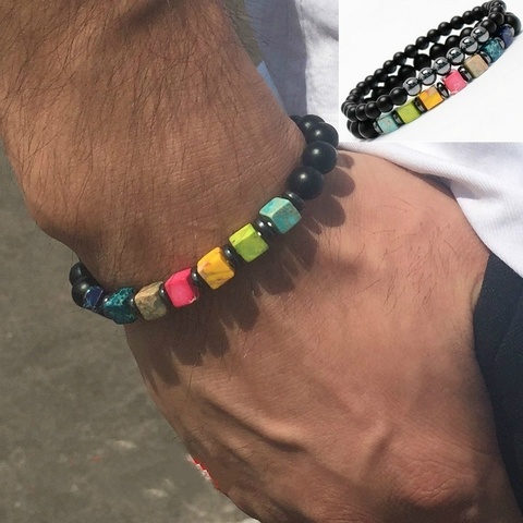 2 bracelets de Couple en pierre carrée pièces/ensemble naturelle, ensemble de bracelets Vintage à brins de perles des 7 chakras pour amoureux du Yoga, bijoux de bouddha, cadeau ► Photo 1/6