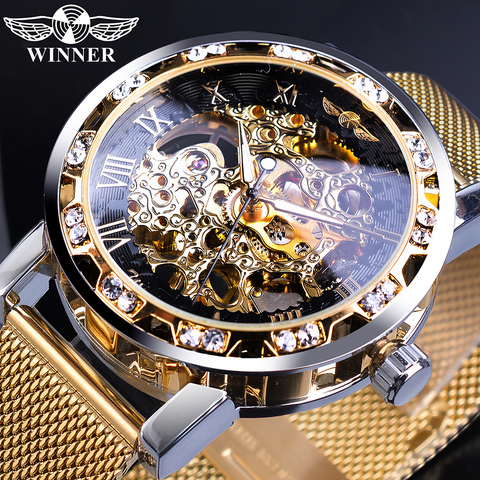 Gagnant doré montres hommes squelette mécanique montre cristal maille mince en acier inoxydable bande haut marque de luxe main vent montre-bracelet ► Photo 1/6