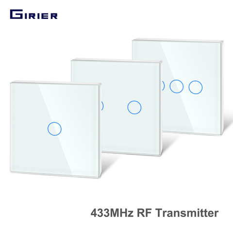 Girier – télécommande tactile RF 433Mhz, panneau en verre trempé, mural sans fil, émetteur RF 1/2/3 gangs, fonctionne avec récepteur 433Mhz ► Photo 1/6