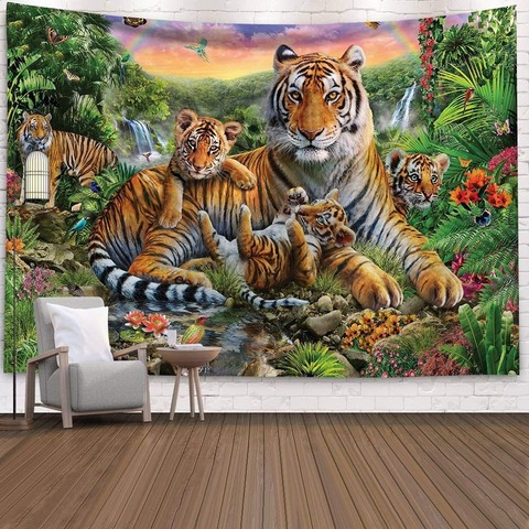 Tapisserie du monde des animaux, tigre, lion, tissu d'arrière-plan suspendu, ameublement de la maison, 95x73cm ► Photo 1/6