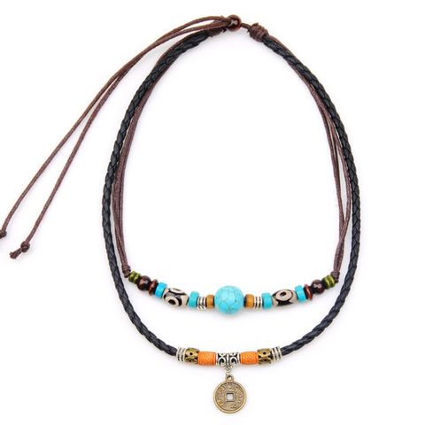 Collier ras du cou en cuir et perles de chanvre pour homme, Vintage, tribal antique ► Photo 1/5