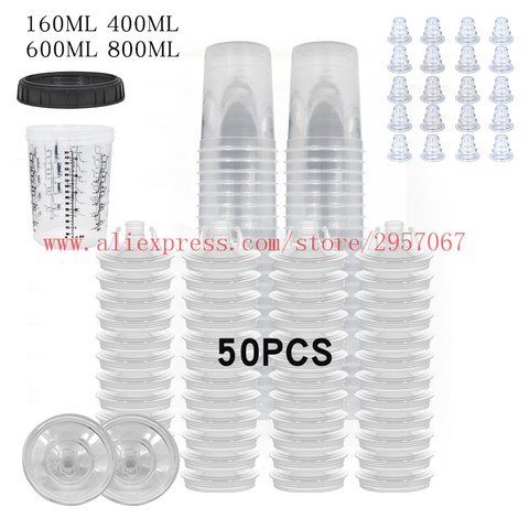 Système de pistolet à peinture en aérosol, 50 pièces, gobelets à mesurer jetables, couvercles et doublures, pas de nettoyage, tasse de mélange de peinture avec filtres 125 microns ► Photo 1/6