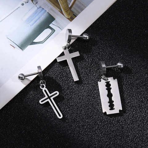 1 pièce croix lame pendentif boucles d'oreilles pour hommes et femmes acier inoxydable vis oreille goujons gothique boucles d'oreilles rue Pop Punk bijoux ► Photo 1/6