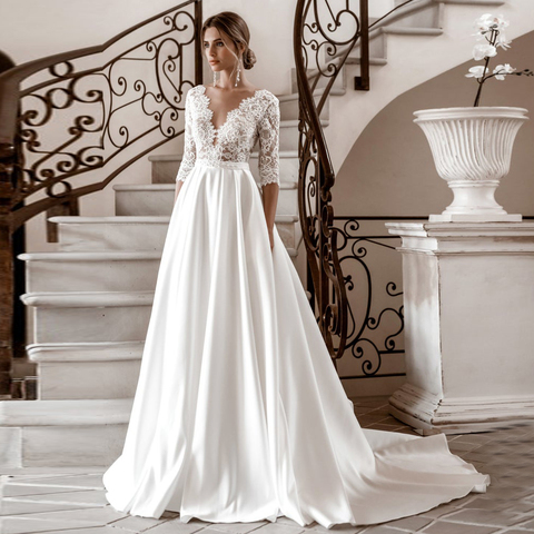 Robe de mariée élégante en dentelle à manches longues, col en v, robe de mariée Simple et Vintage, nouvelle collection automne 2022 ► Photo 1/5