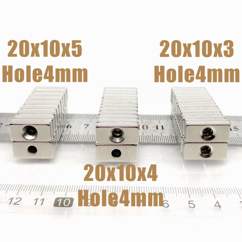 Aimants permanents surpuissants N35 en néodyme, lot de 5 à 200 pièces, 20x10x3, 20x10x4, 20x10x5mm, avec trou de 4mm ► Photo 1/6