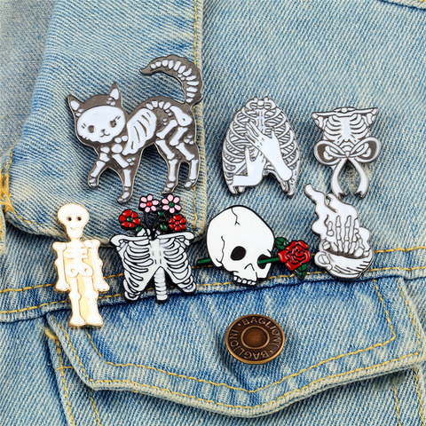 Broche Badge de chat, squelette, Collection de crâne, broches, nervures, Rose squelette, Pin en émail, Punk bijoux gothiques, chemise, sac, revers, cadeaux ► Photo 1/6