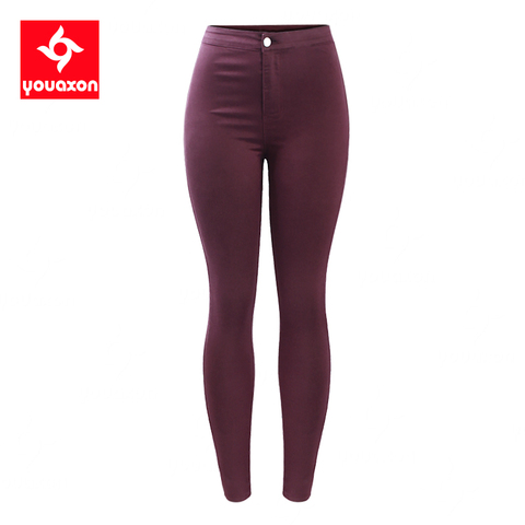 2035 Youaxon taille haute bordeaux élastique Denim Jean Femme pantalon slim crayon Femme Jean Femme ► Photo 1/6