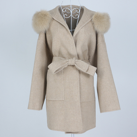 OFTBUY – manteau en vraie fourrure de renard naturelle pour femme, veste surdimensionnée, ample, en mélange de laine, capuche, ceinture, nouvelle collection hiver 2022 ► Photo 1/6